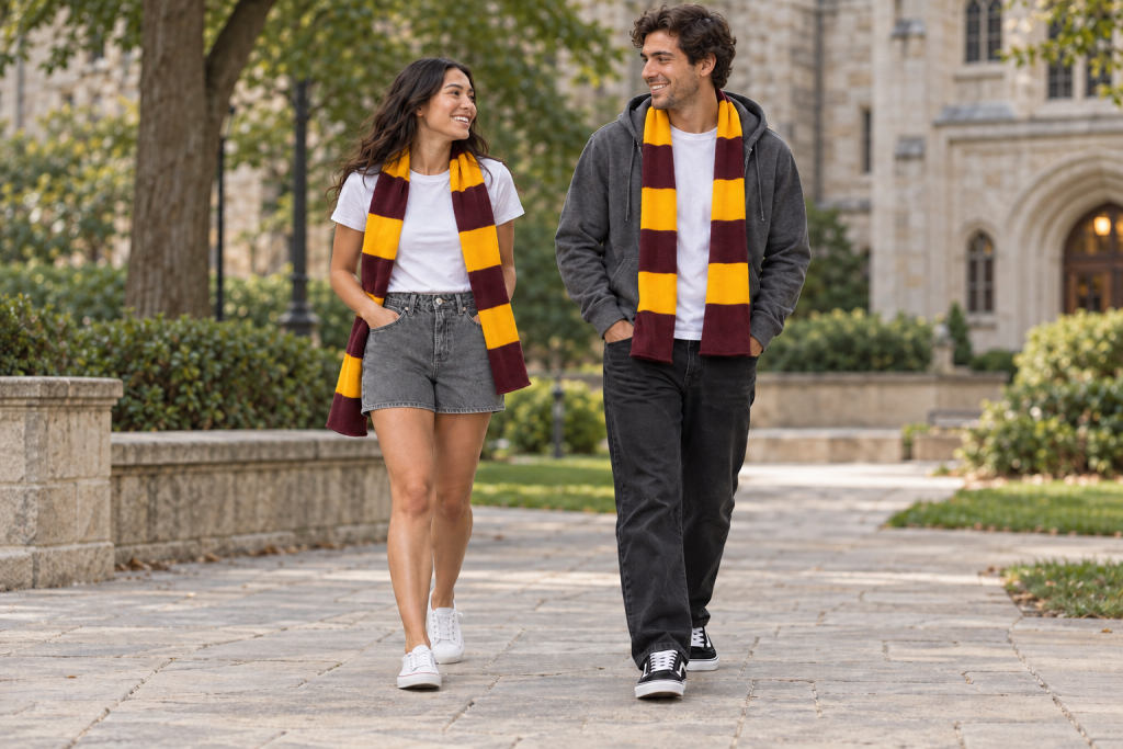 Two adults in everyday Hermione-inspired outfits in a campus courtyard.