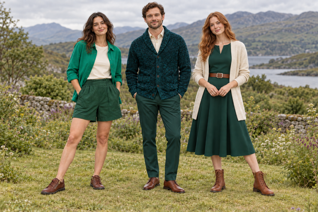 Three adults in Merida-inspired everyday outfits: a woman in a teal overshirt, cream tee and green shorts; a man in a deep teal cardigan and dark green trousers; and a woman in a pine-green midi dress, oatmeal cardigan, brown belt and boots