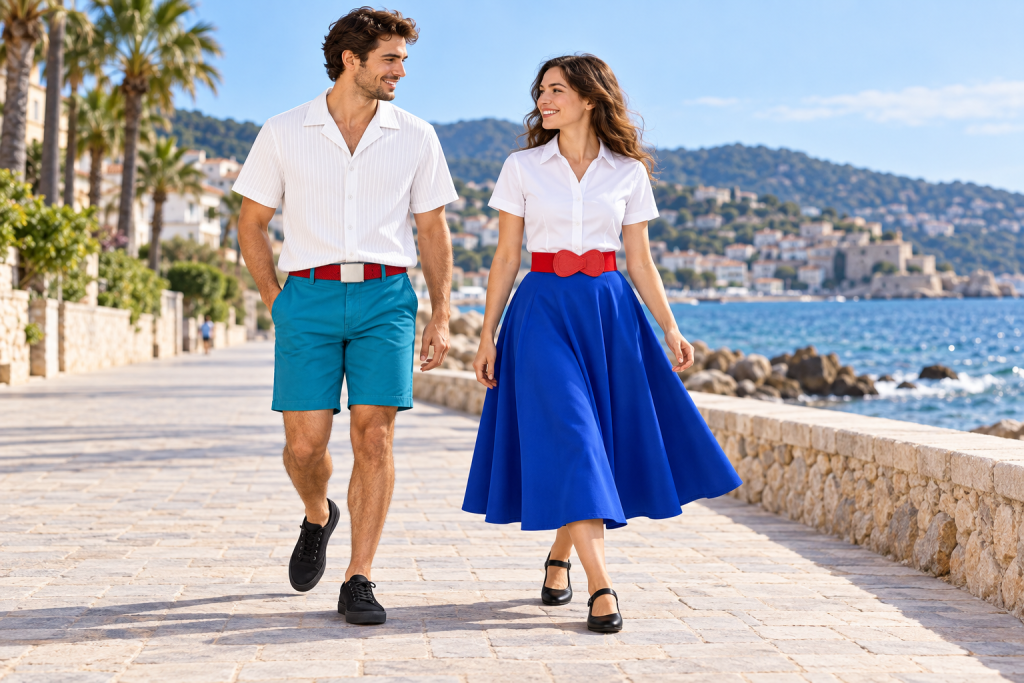 An adult man and woman in casual blue, teal and white outfits inspired by Prince Eric.