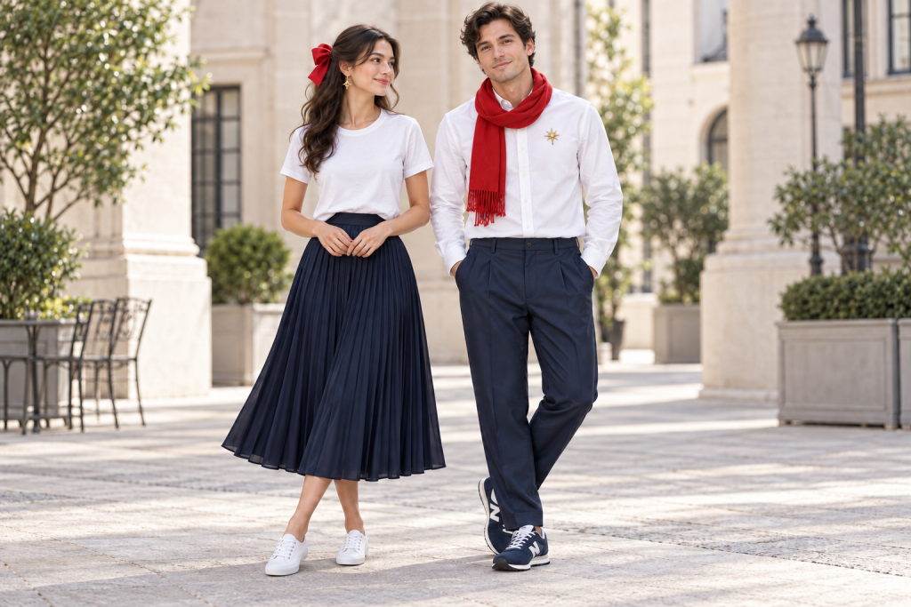 Adult woman and man wearing Sailor Moon-inspired white, navy, red and gold outfits