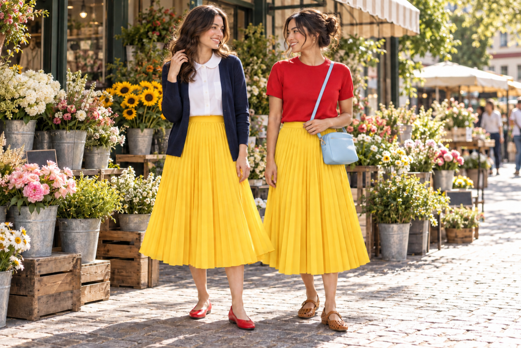 Two adults wearing Snow White outfits with yellow skirts, navy and red tops, and red shoes or a blue bag.