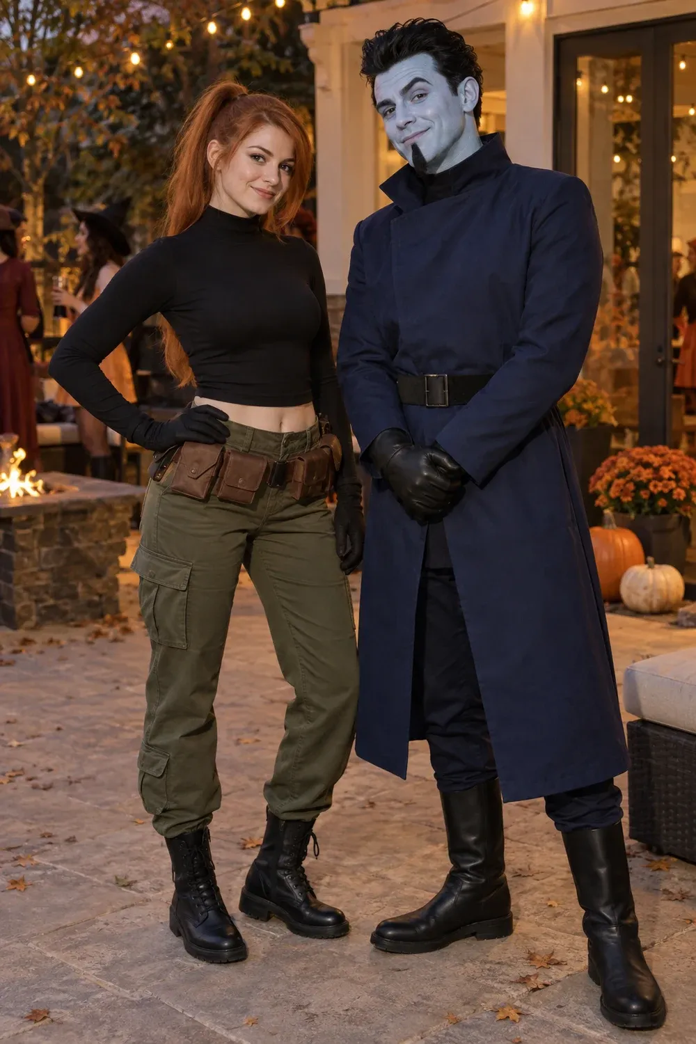 Two friends wearing Kim Possible and Dr. Drakken costumes on a patio