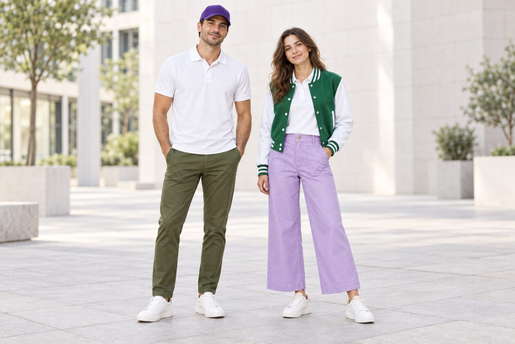 Two adults wearing Buzz Lightyear-inspired everyday outfits, shown head to toe.