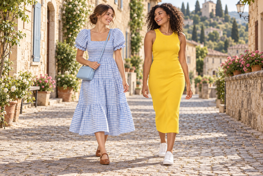 Two adults wearing Belle-inspired everyday outfits in distinct color palettes.