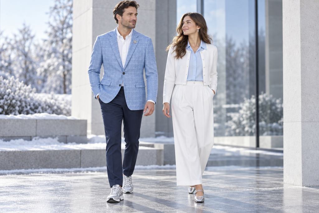An adult man and woman wearing Elsa-inspired outfits, shown head to toe.