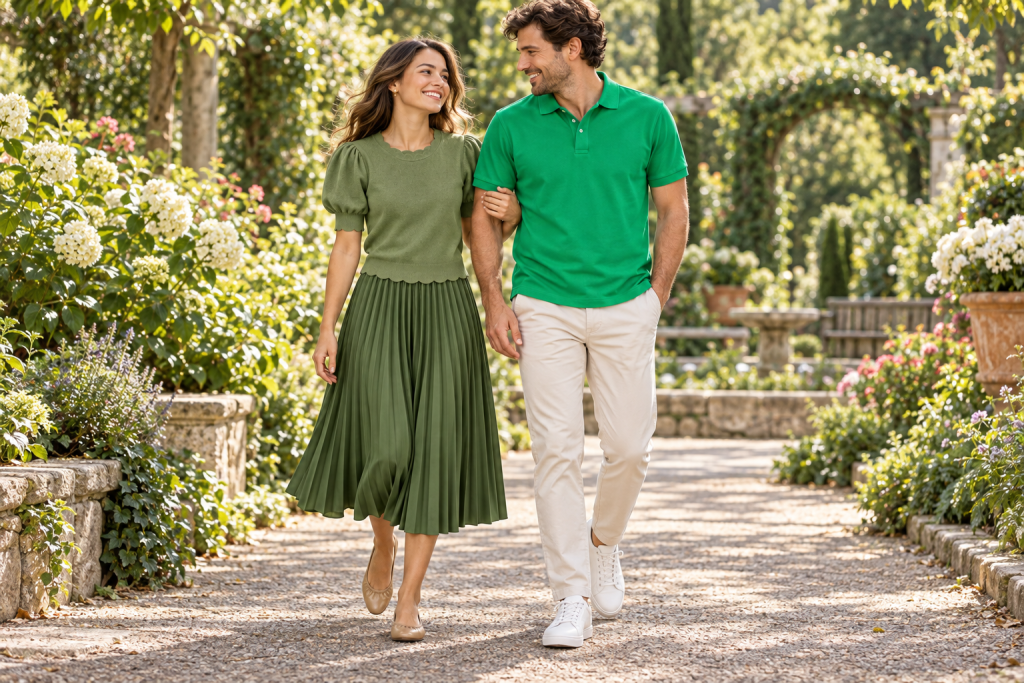 Two adults wearing Tinker Bell-inspired everyday outfits, shown head to toe.