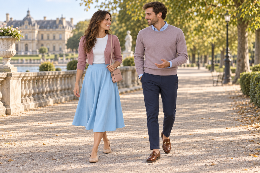 An adult woman in a dusty-pink cropped cardigan, white tee and light-blue skirt stands beside an adult man in a blue Oxford and dusty-mauve sweater, both wearing everyday Aurora-inspired outfits.