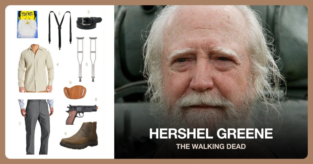 White Beard, Black Leather Suspenders, Dickies Black Double Stitch Belt and Long-Sleeve Industrial Work Shirt beside Hershel Greene