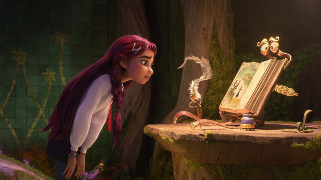Billie Doe leaning toward an enchanted book and feather quill
