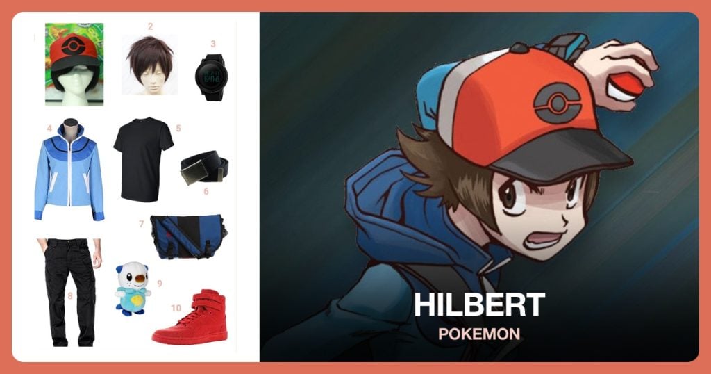 Hilbert Cosplay Hat, Brown Cosplay Wig, Black Digital Sport Watch and Pokemon Hilbert Jacket beside Hilbert