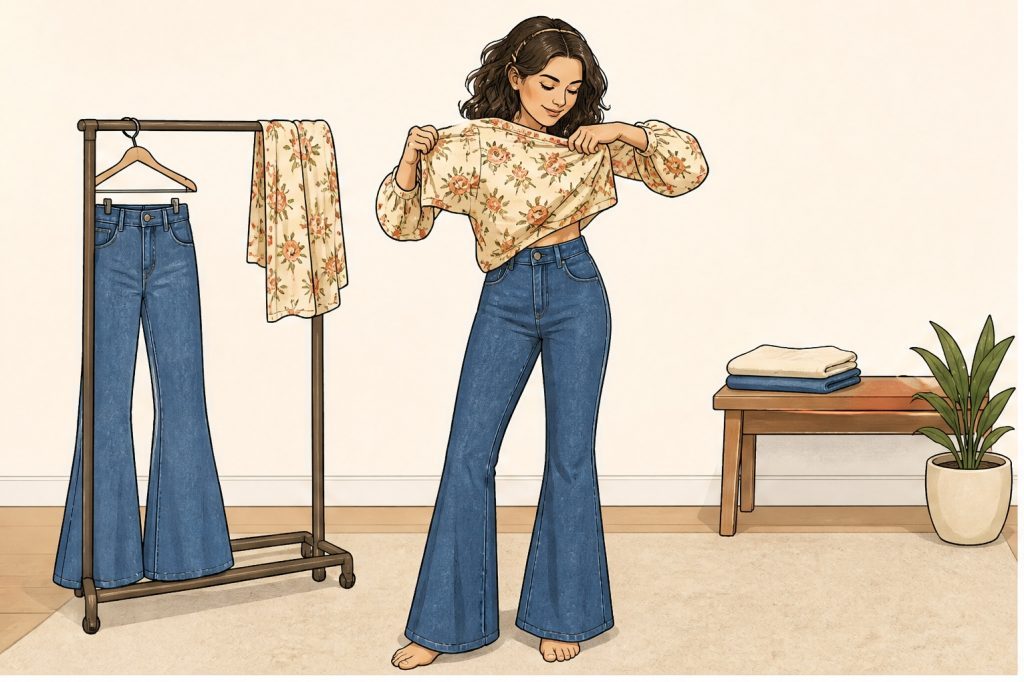 put on floral blouse and flared jeans
