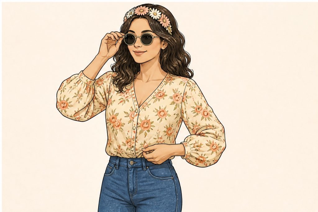 add round sunglasses and straighten blouse