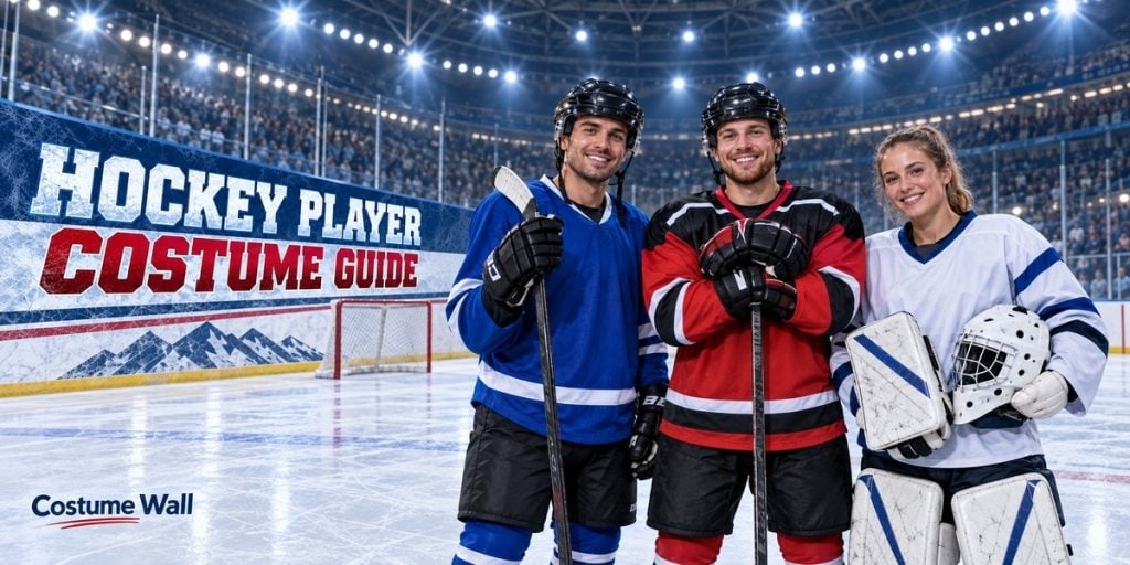 Blue Practice Jersey, Red Practice Jersey, Royal and White Jersey and Green Practice Jersey beside Hockey Player