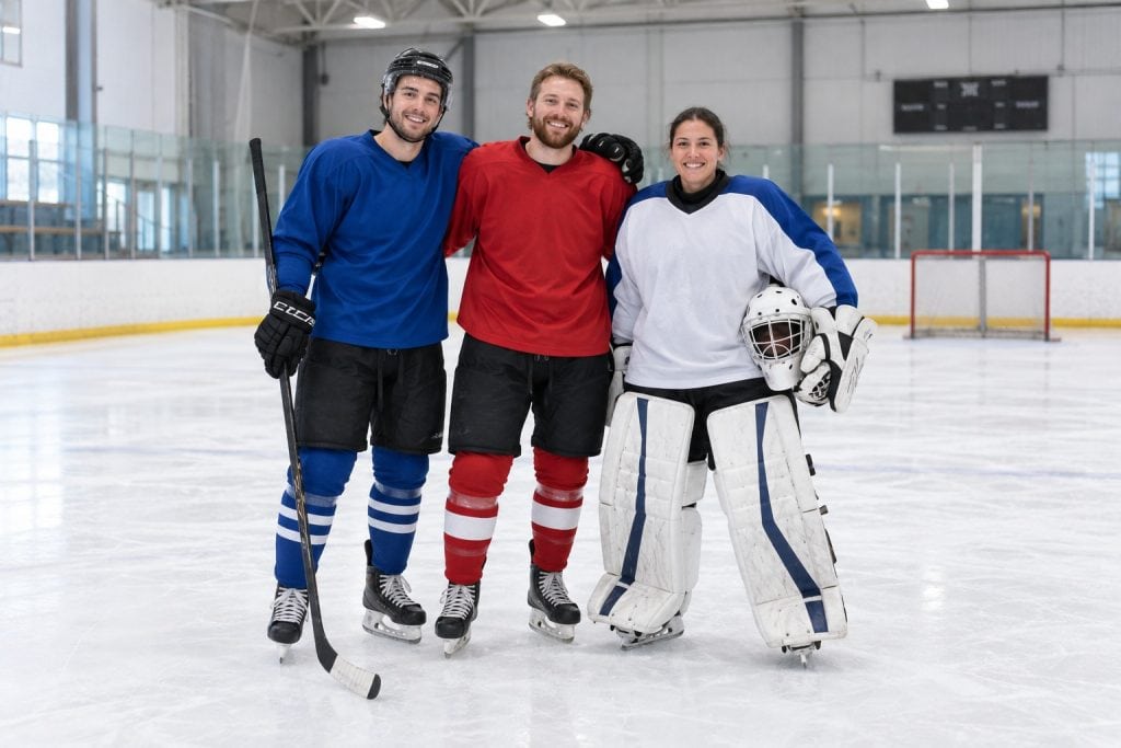 Hockey teammates with a goalie