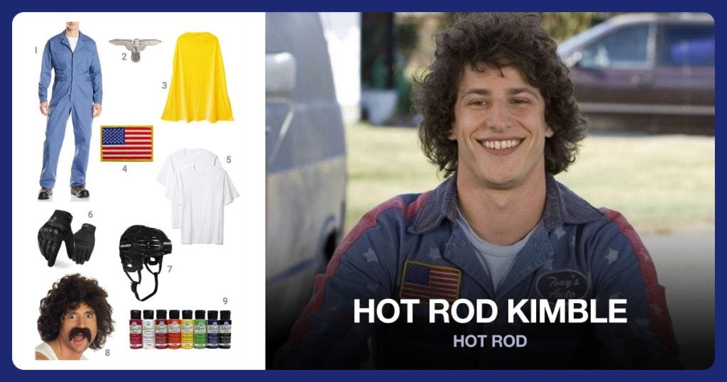 Blue Coveralls, Eagle Pin, Yellow Cape and American Flag Patch beside Hot Rod Kimble