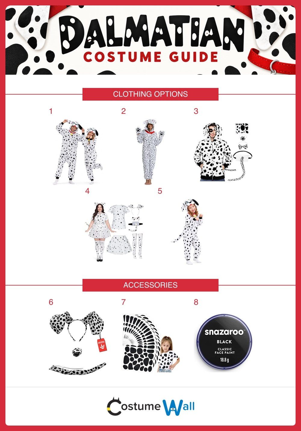 Eight optional Dalmatian clothing and accessory ideas with numbered hotspots.