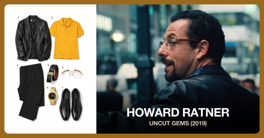 Black Leather Blazer, Mustard Yellow Polo, Black Dress Pants and Gold Buckle Belt beside Howard Ratner