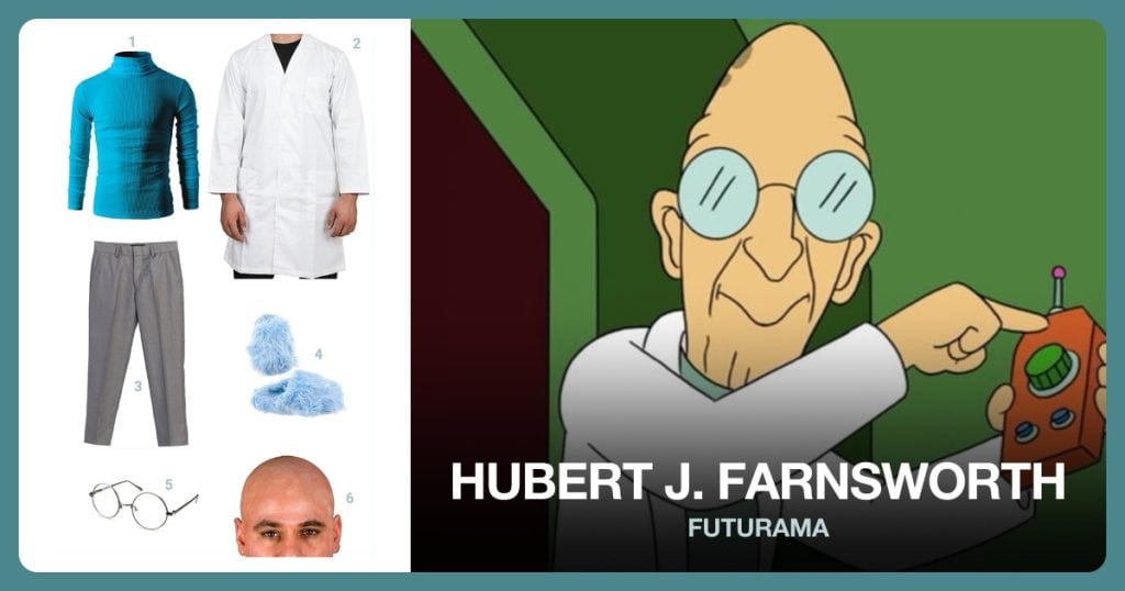 Thermal Turtleneck Pullover, Lab Coat, Flat Front Dress Pants and Light Blue Fuzzy Slippers beside Hubert J. Farnsworth