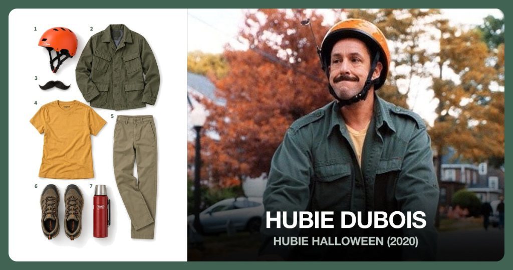 Orange Bicycle Helmet, Olive Utility Jacket, Black Chevron Mustache and Mustard Yellow T-Shirt beside Hubie Dubois