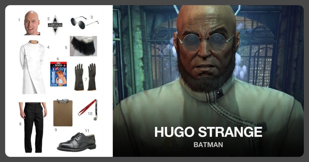 Bald Cap, Arkham Patch, Black Round Sunglasses and White Lab Coat beside Hugo Strange