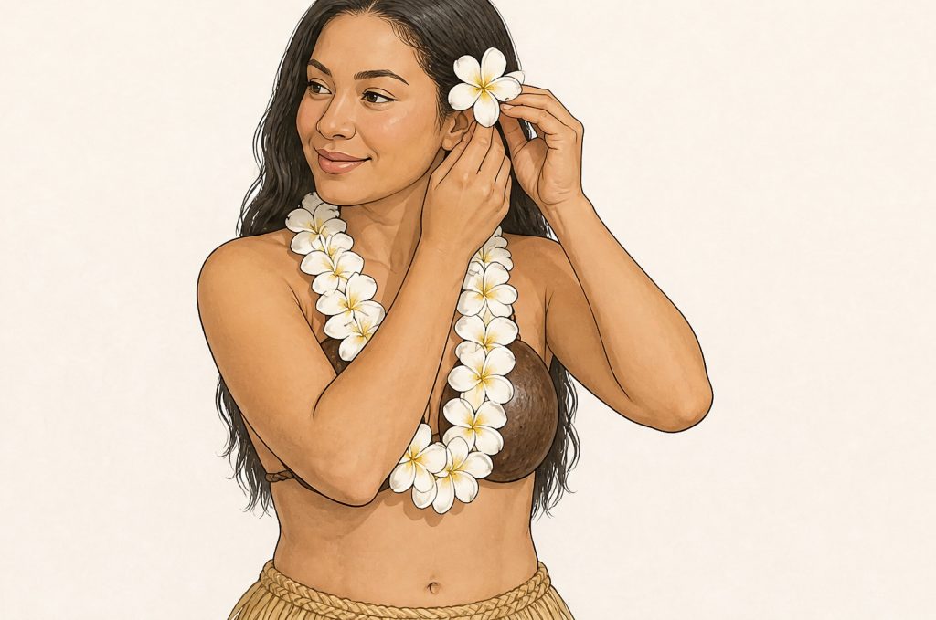 Add the lei and hair flower