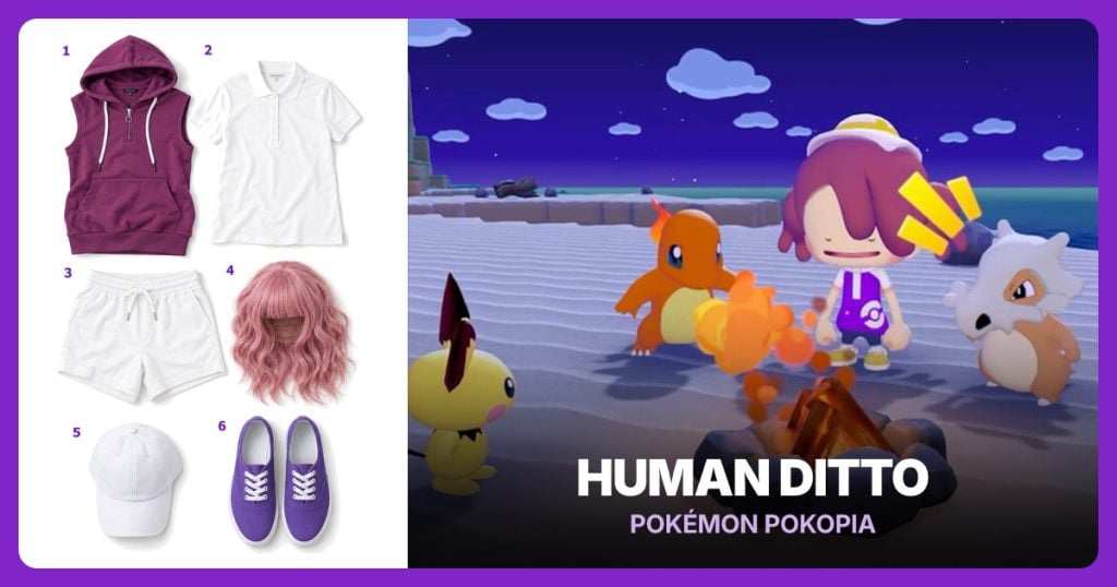 Purple Sleeveless Hooded Vest, White Collared Polo, White Cotton Shorts and Dusty Pink Wig beside Human Ditto