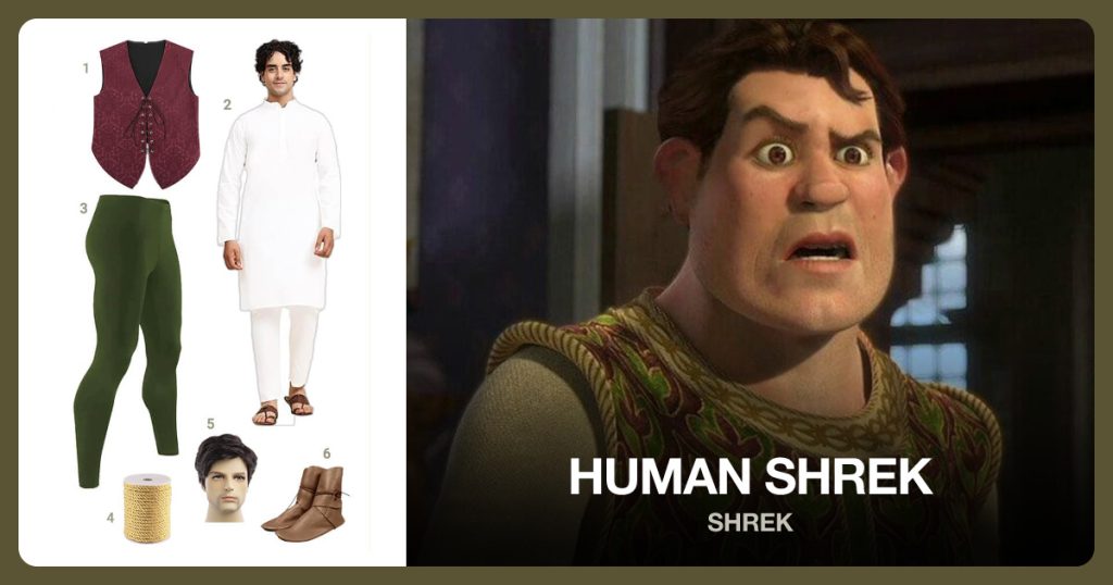 Gothic Victorian Vest, Men’s Tunic Kaftan Cotton, Green Leggings and Men’s Tunic Kaftan Cotton beside Human Shrek