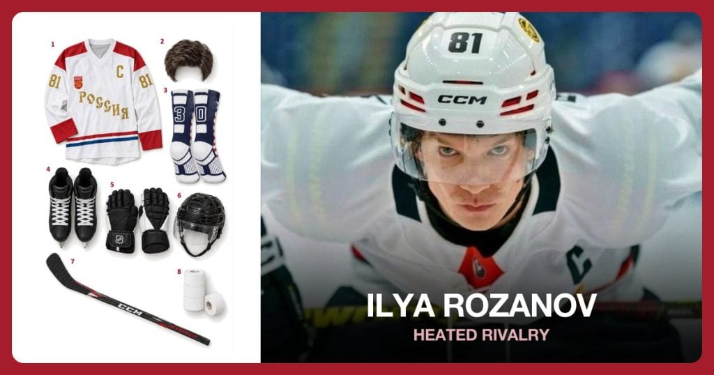 White Russia-Inspired Rozanov #81 Hockey Jersey, Short Dark-Brown Men’s Wig and Navy-and-White Hockey Socks beside Ilya Rozanov