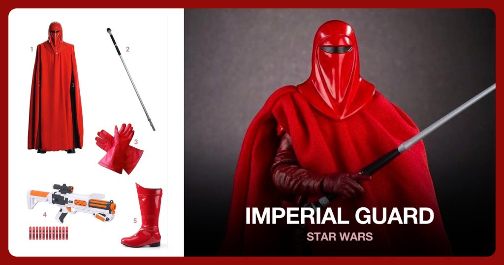 Imperial Guard Costume, Imperial Guard Staff, Leather Gauntlet and Stormtrooper Blaster beside Imperial Guard