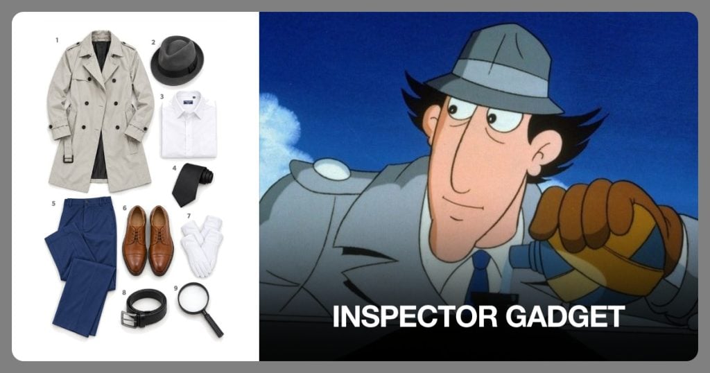 Gray trench coat, Gray fedora hat, White dress shirt and Black necktie beside Inspector Gadget