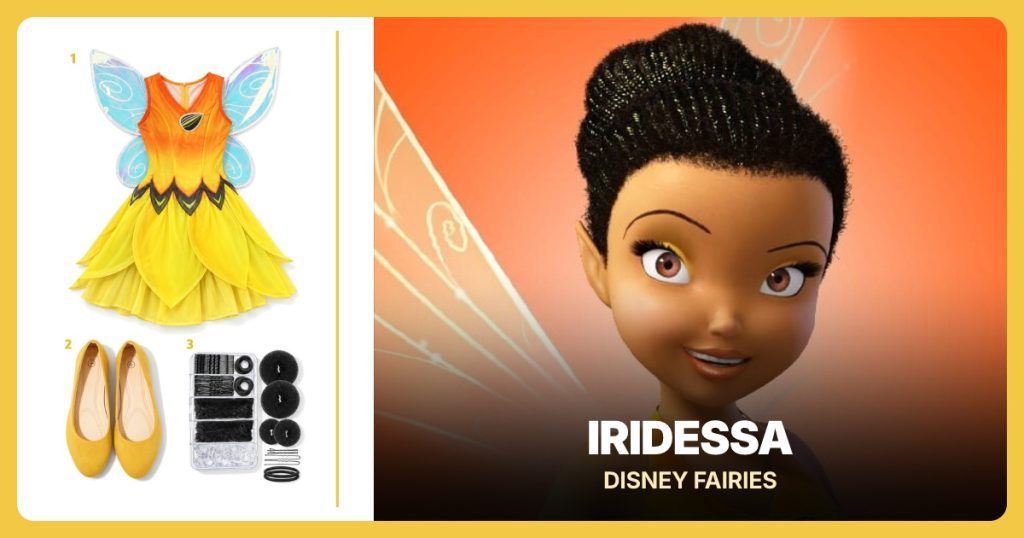 Licensed Iridessa Costume Set, Yellow Ballet Flats and Black Hair Bun Styling Kit beside Iridessa