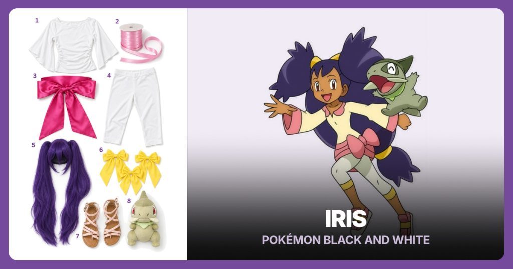 White Bell Sleeve Top, Pink Bias Trim, Pink Waist Sash and White Capri Leggings beside Iris
