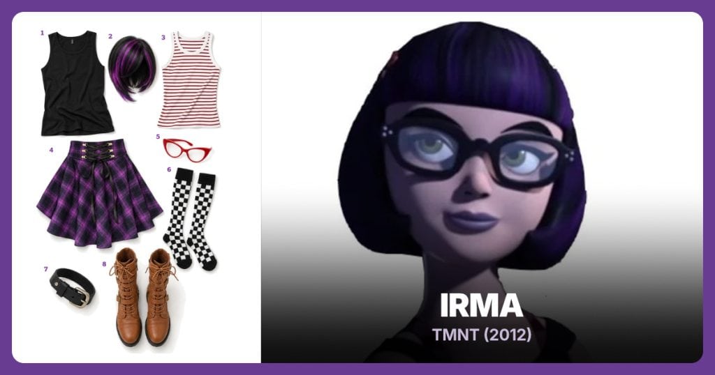 Black Tank Top, Black Bob Wig with Purple Highlights, Red-White Striped Tank Top and Purple Plaid Pleated Skirt beside Irma