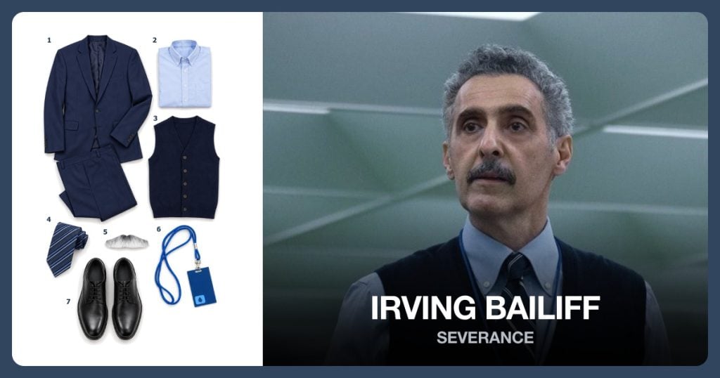 Navy Two-Piece Suit, Light Blue Shirt, Navy Sweater Vest and Blue Striped Tie beside Irving Bailiff