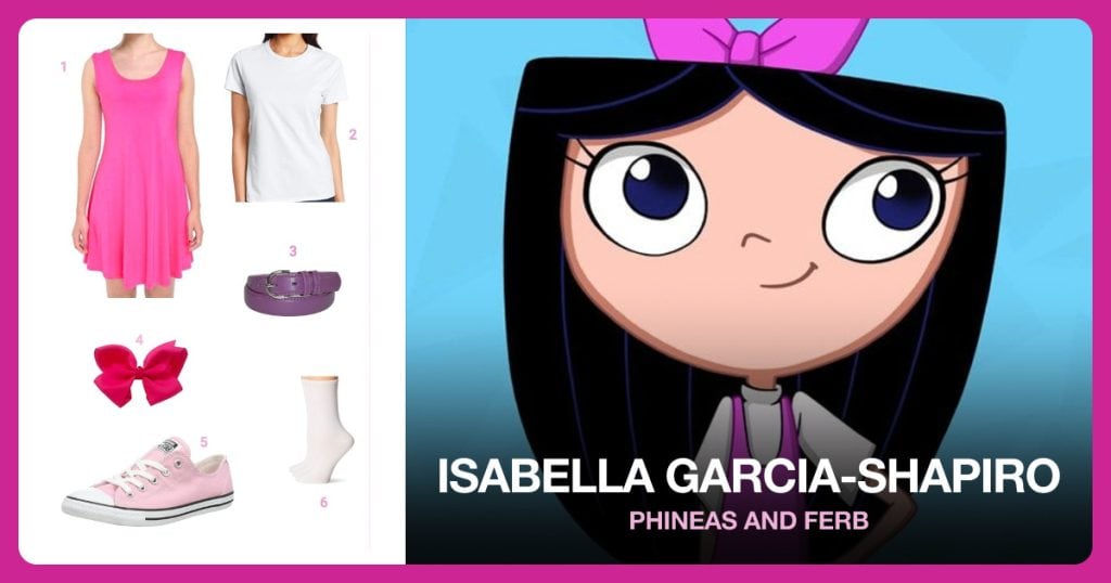 Pink Sleeveless Tank Dress, Hanes White Nano T-Shirt, Purple Leather Belt and Extra Large Bow Hair Clip beside Isabella Garcia-Shapiro