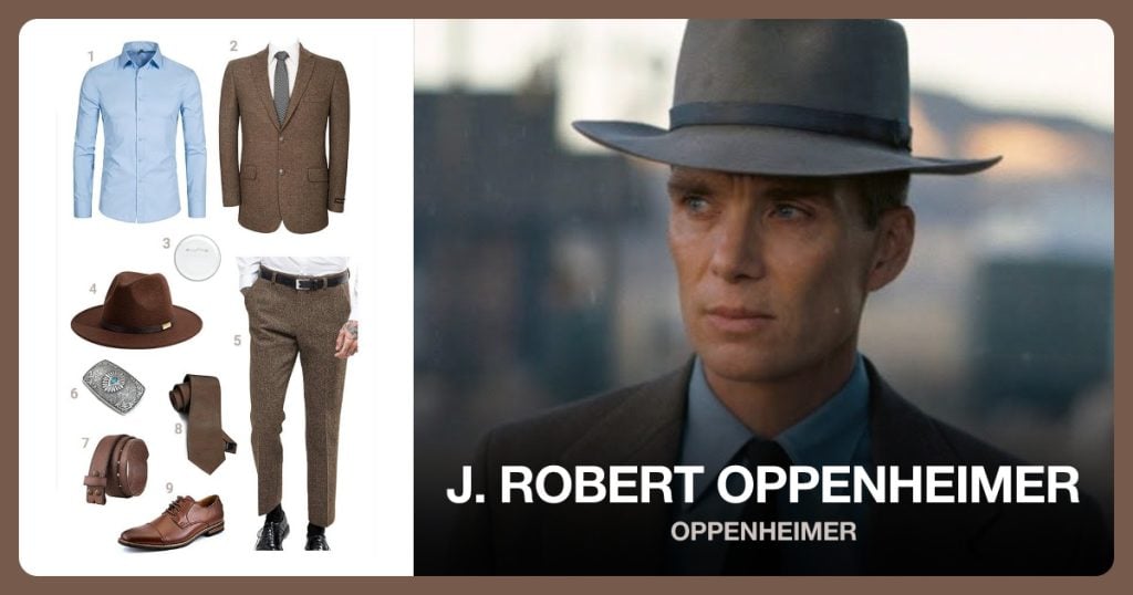 Men’s Long Sleeve Light Blue, Men’s Brown Sport Coat Classic and Plain White Button Pin beside J. Robert Oppenheimer