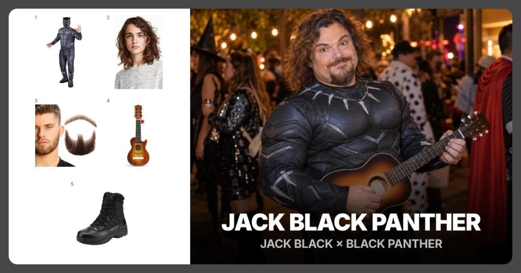 Black Panther Costume, Shaggy Brown Wig, Brown Costume Goatee and Small Toy Acoustic Guitar beside Jack Black Panther
