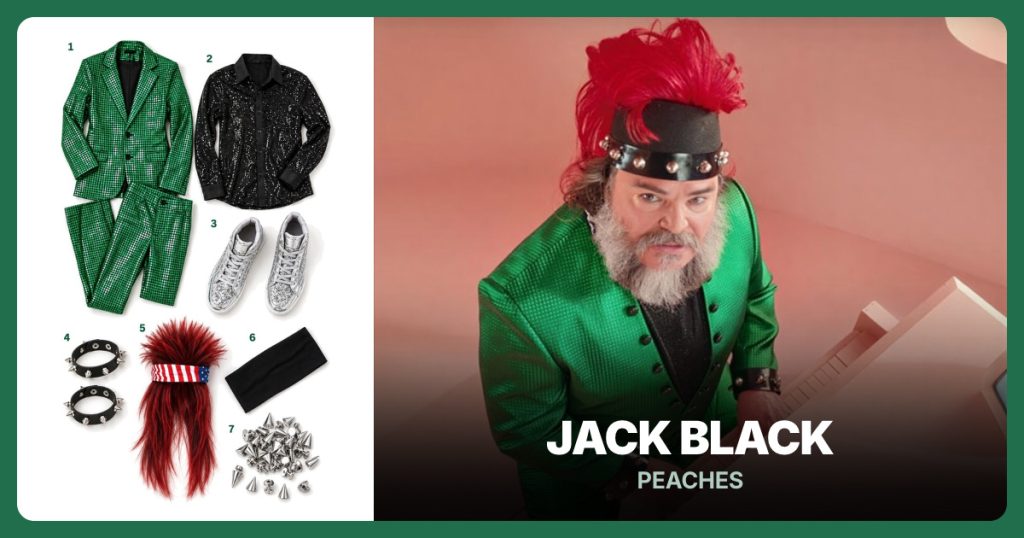 Green Sequin Suit, Black Sequin Shirt, Silver Glitter Sneakers and Spiked Wrist Cuffs beside Jack Black (Peaches)