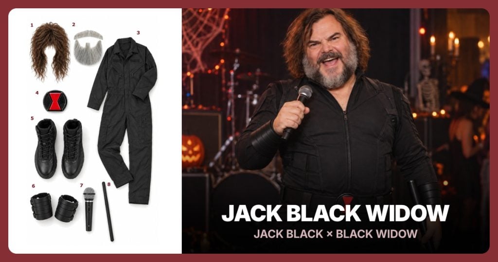Brown Rocker Wig, Gray Costume Beard, Black Tactical Jumpsuit and Black Widow Buckle beside Jack Black Widow