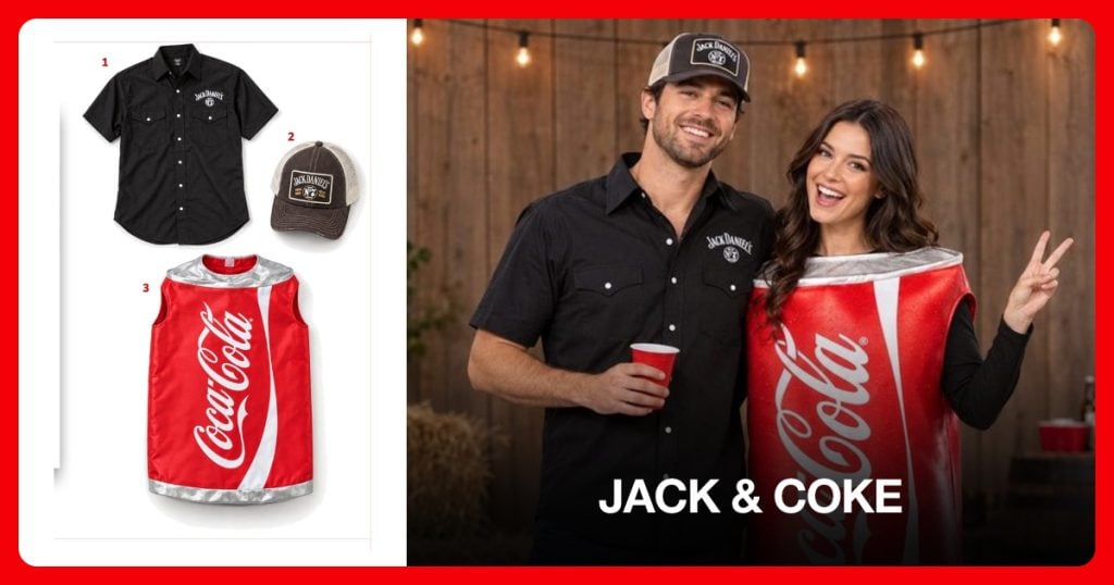 Jack Daniels Black Shirt, Jack Daniels Logo Hat and Coca Cola Can Costume beside Jack & Coke