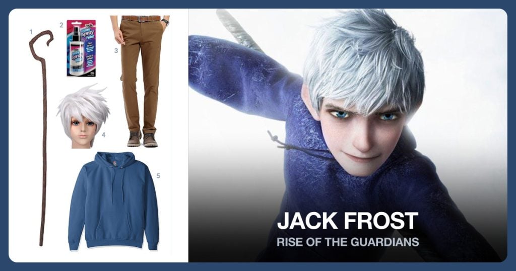 Shepherds Staff, White Fabric Spray, Brown Pants and White Hair Wig beside Jack Frost
