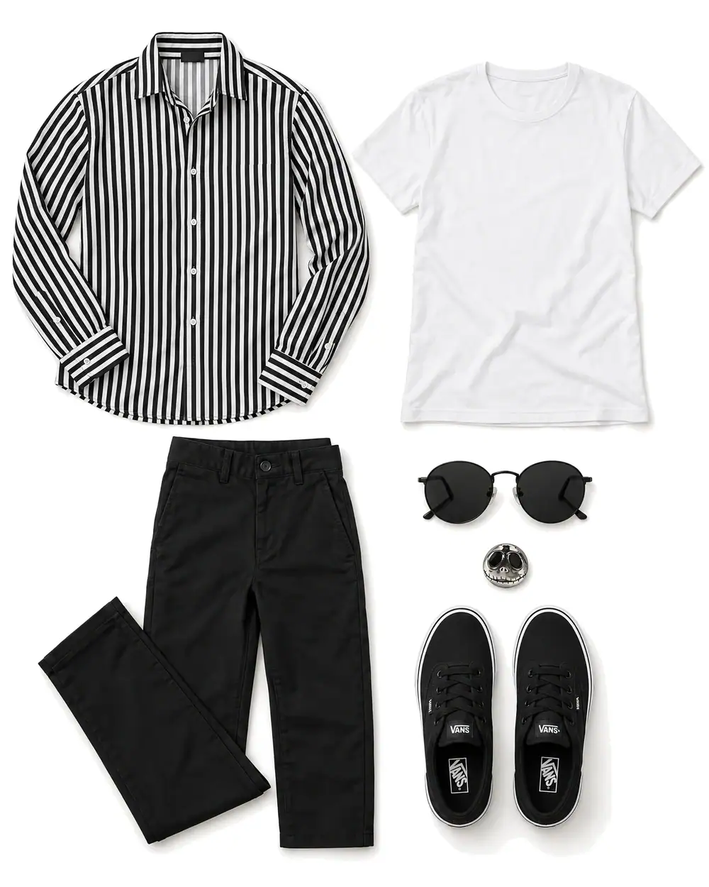Black-and-white striped long-sleeve shirt, white crewneck tee, black chinos, black Vans sneakers, silver Jack pin, and round black sunglasses.