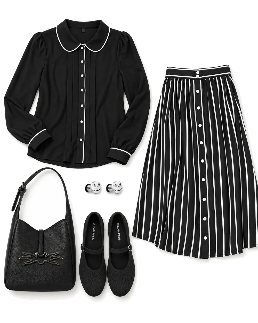 Black long-sleeve blouse with white piping, black-and-white striped midi skirt, black Mary Jane flats, bat-bow bag, and silver Jack stud earrings.
