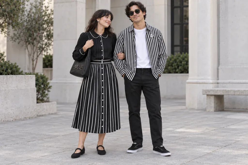 Two adults in Jack-inspired everyday outfits: a black piped blouse and striped skirt, and a striped shirt over a white tee with black chinos.
