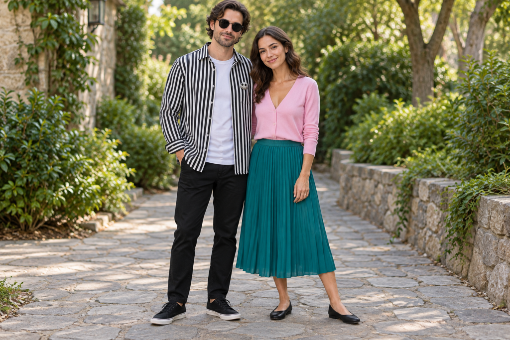A couple wearing a black-and-white striped Jack-inspired outfit and a pink cardigan with a teal pleated skirt inspired by Sally.