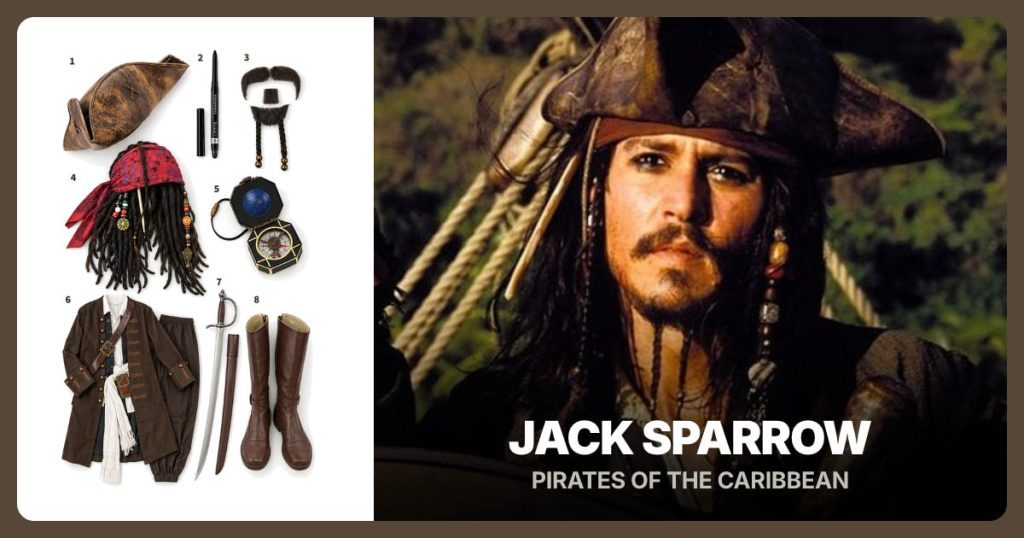 Jack Sparrow Tricorn Hat, Black Eyeliner, Pirate Moustache and Goatee and Dreadlock Wig with Bandana beside Jack Sparrow
