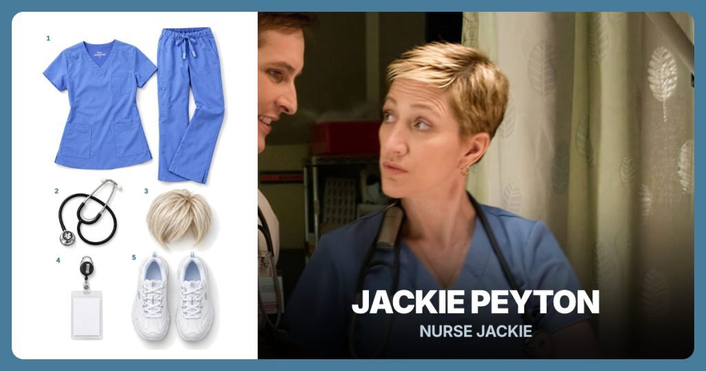Ceil Blue Scrub Set, Black Stethoscope, Short Blonde Pixie Wig and Retractable ID Badge Holder beside Jackie Peyton