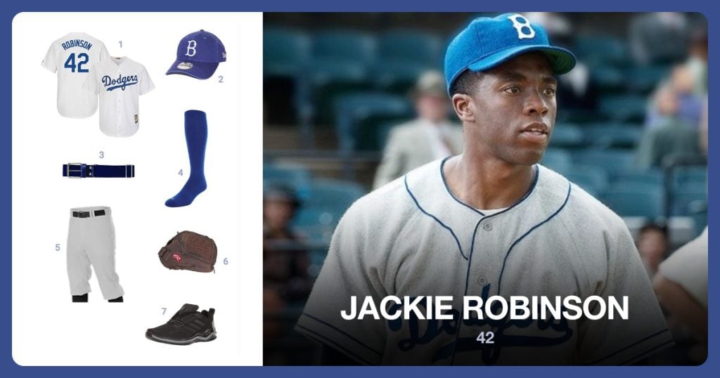 Jackie Robinson Jersey, Dodgers Hat, Baseball Belt and Knee High Blue Socks beside Jackie Robinson