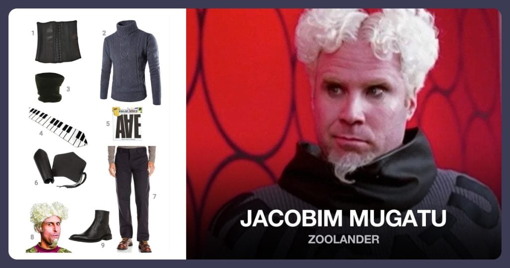 Waist Trainer Corsets, Knitted Men’s Turtleneck Sweater, Black Neck Warmer and Piano Tie beside Jacobim Mugatu