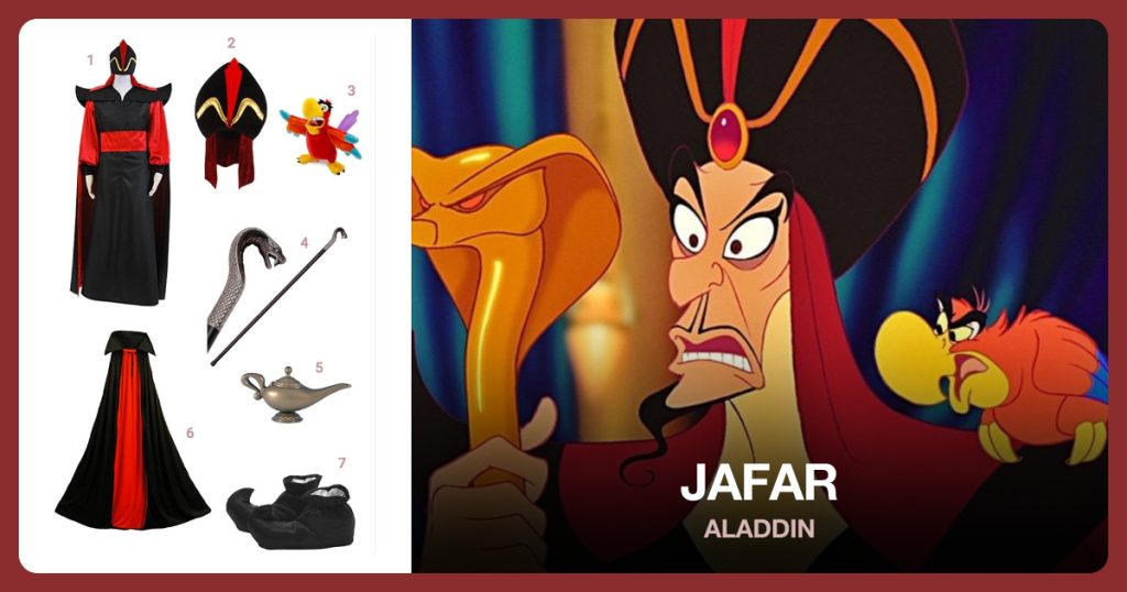 Aladdin Jafar Villain Costume, Jafar Hat, Iago Plush Doll and King Cobra Walking Stick beside Jafar